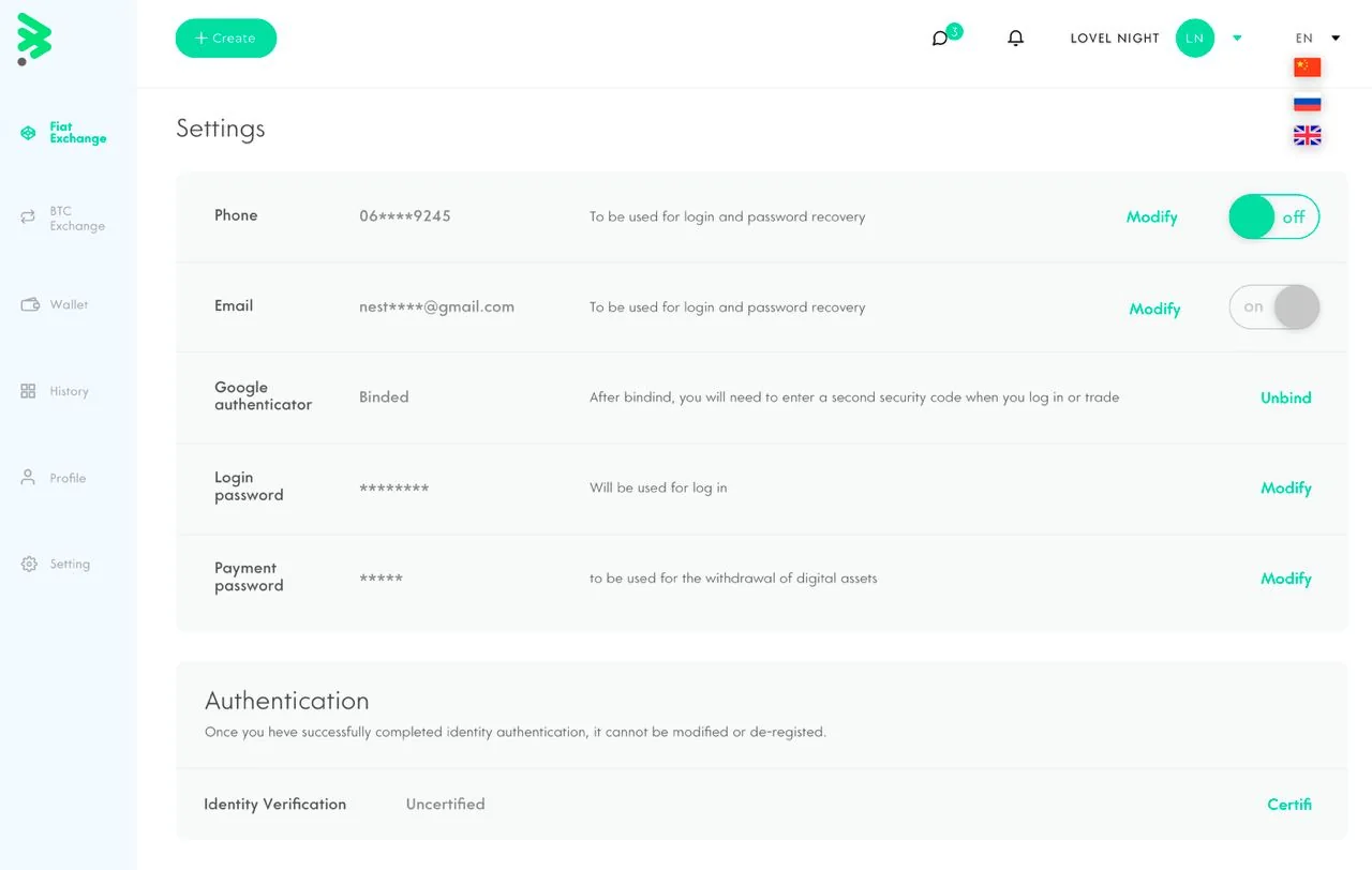 Plattform für den Kryptowährungshandel – project interface